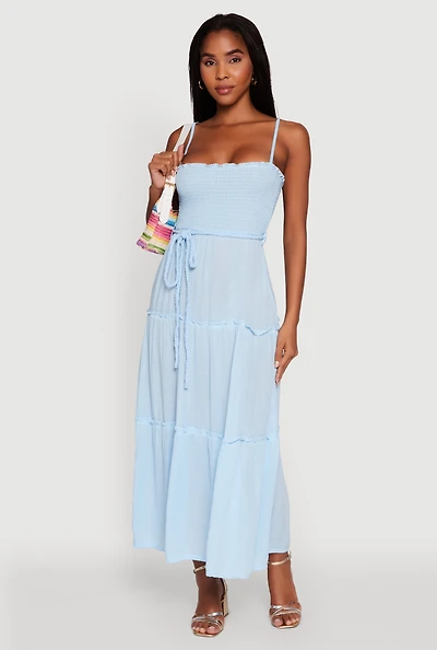 Womens Tiered A-Line Maxi Dress with Tie Waist Belt,