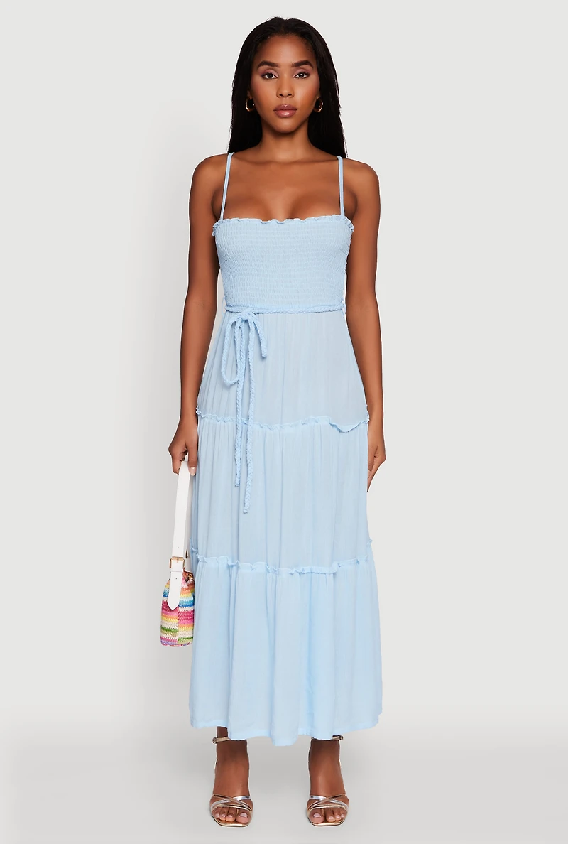 Womens Tiered A-Line Maxi Dress with Tie Waist Belt,