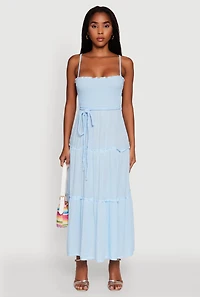 Womens Tiered A-Line Maxi Dress with Tie Waist Belt,