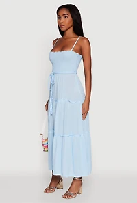 Womens Tiered A-Line Maxi Dress with Tie Waist Belt,