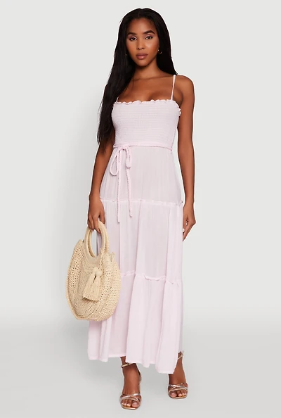 Womens Tiered A-Line Maxi Dress with Tie Waist Belt,