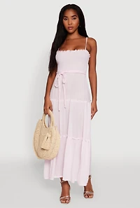Womens Tiered A-Line Maxi Dress with Tie Waist Belt,