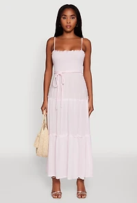 Womens Tiered A-Line Maxi Dress with Tie Waist Belt,