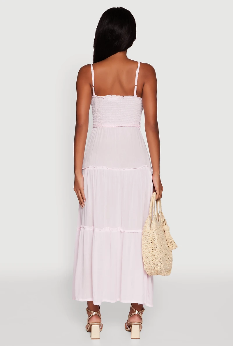 Womens Tiered A-Line Maxi Dress with Tie Waist Belt, Pink, Size M