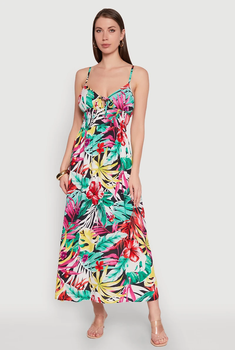 Womens Leaf Print Sleeveless Empire Waist Dress, Multi,
