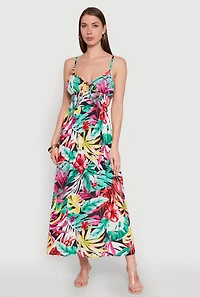 Leaf Print Sleeveless Empire Waist Dress