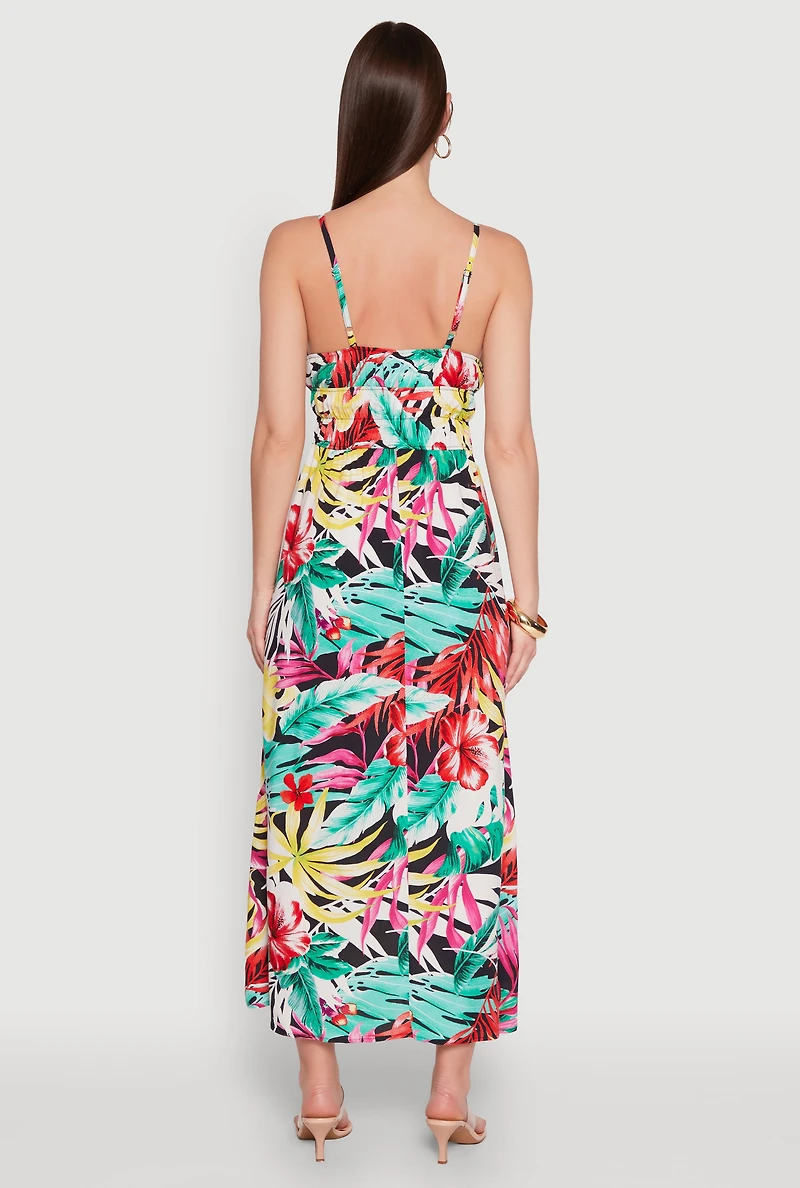 Leaf Print Sleeveless Empire Waist Dress