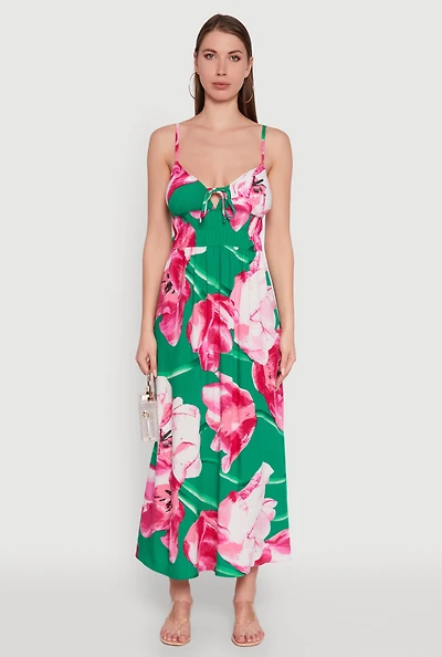 Womens Floral Sleeveless Sundress with Tie Front and Sweetheart Neckline, Multi, Size S