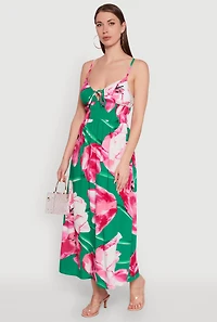 Womens Floral Sleeveless Sundress with Tie Front and Sweetheart Neckline, Multi, Size M