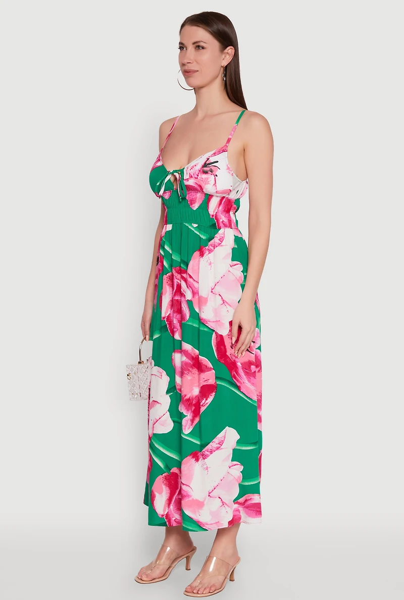 Womens Floral Sleeveless Sundress with Tie Front and Sweetheart Neckline, Multi, Size M