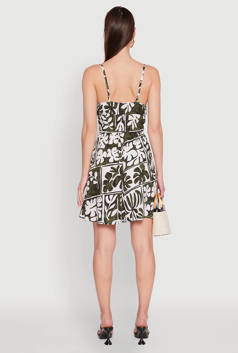 Womens Leaf Print Tie Front Mini Dress, Multi, Size S