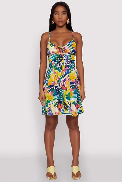 Leaf Print Empire Waist Mini Dress