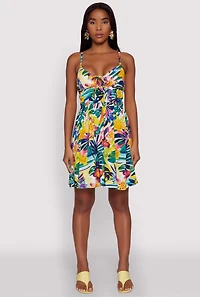 Leaf Print Empire Waist Mini Dress