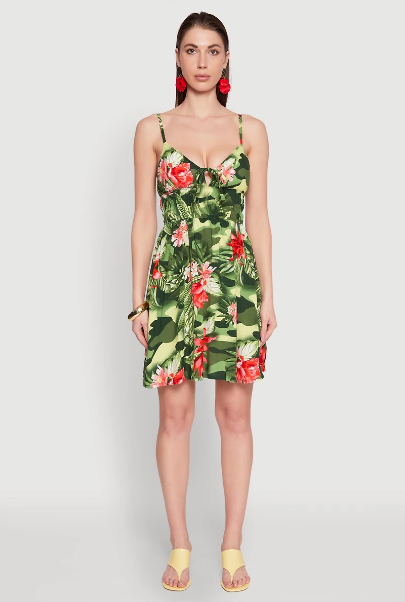 Womens Floral Camo Print Empire Waist Dress, Green, Size XL