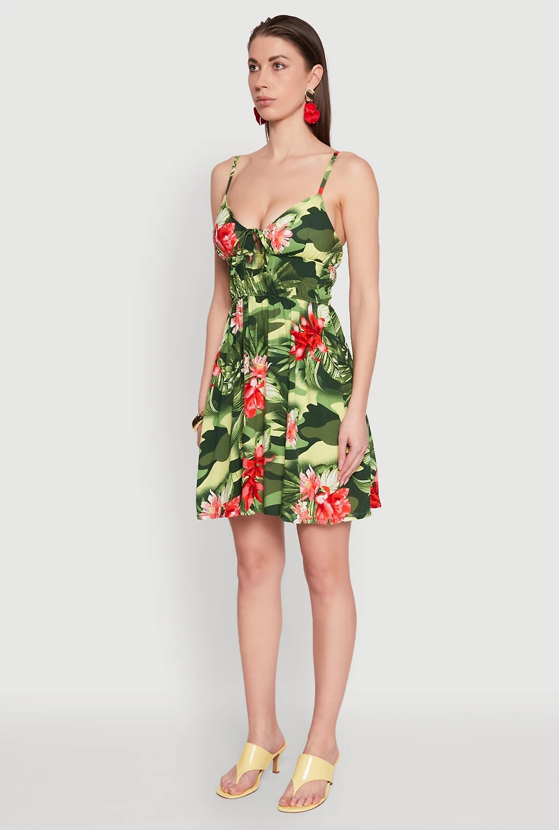 Womens Floral Camo Print Empire Waist Dress, Green, Size XL