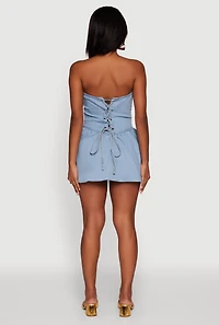 Womens Trendy Lace Up Back Denim Sleeveless Skater Dress, Blue,