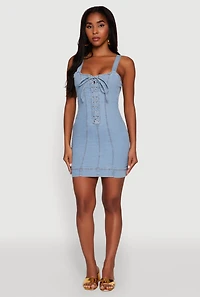 Trendy Square Neck Pintuck Detail Denim Dress