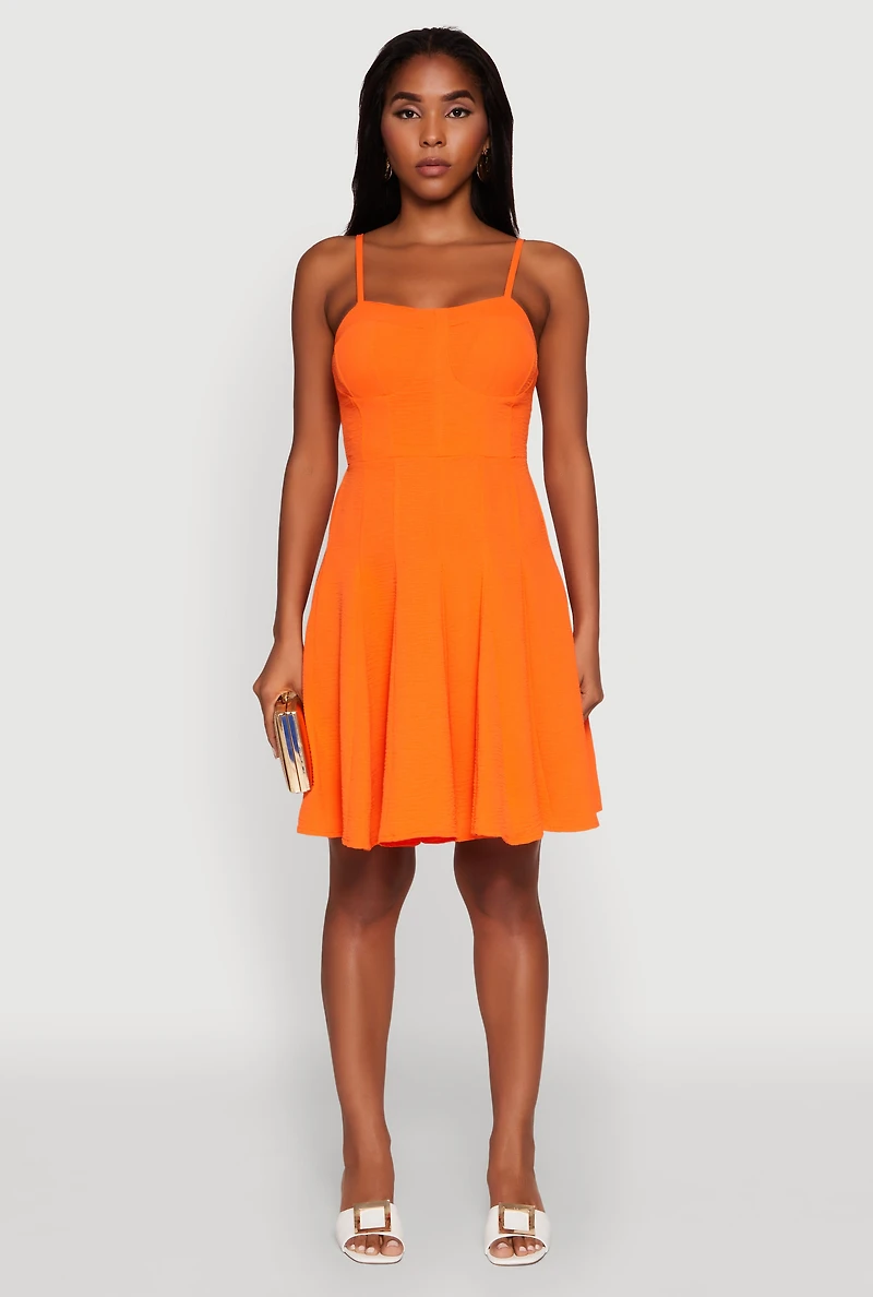 Womens Trendy Crepe Knit Padded Bustier Skater Dress, Orange,