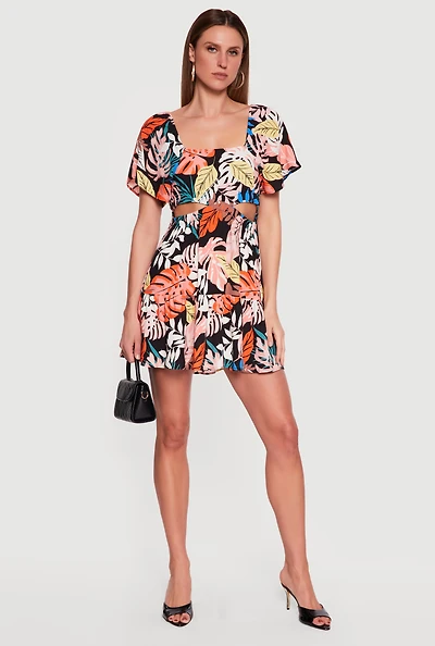 Leaf Print Cut Out Detail Tiered Mini Dress
