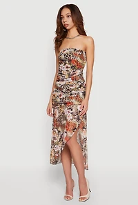 Floral Animal Print Ruched Strapless Midi Dress