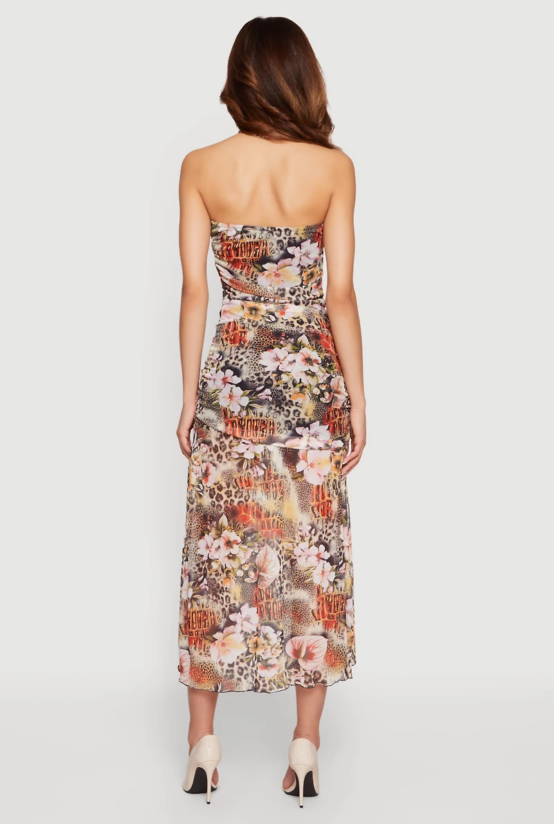 Floral Animal Print Ruched Strapless Midi Dress