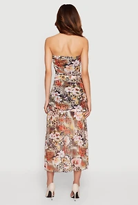 Floral Animal Print Ruched Strapless Midi Dress