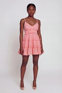 Spaghetti Strap V Neck Tiered Mini Dress