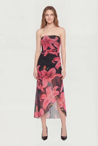 Floral Mesh Ruched Side Tube Midi Dress