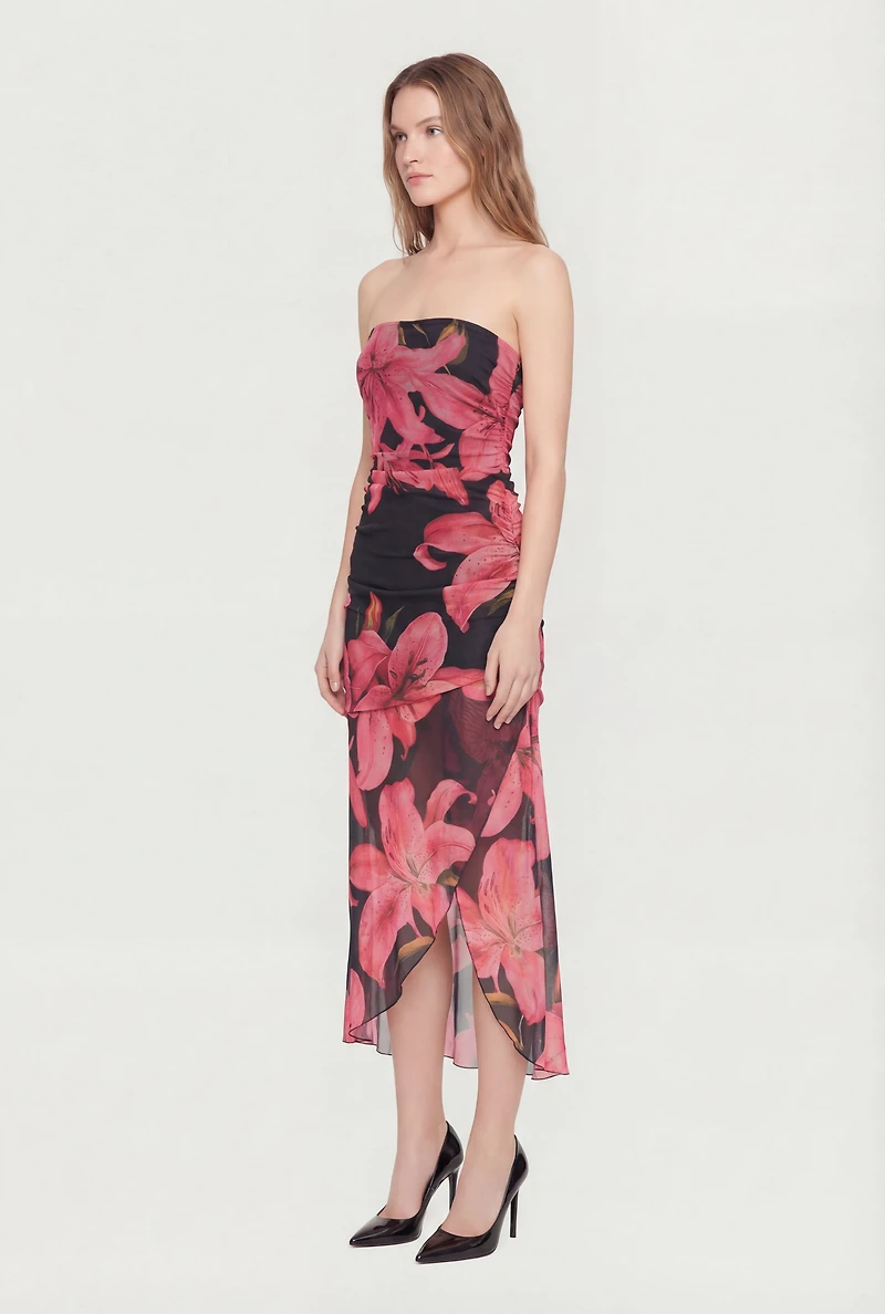 Floral Mesh Ruched Side Tube Midi Dress