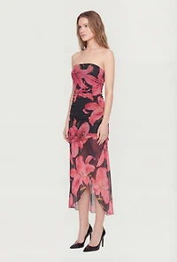 Floral Mesh Ruched Side Tube Midi Dress