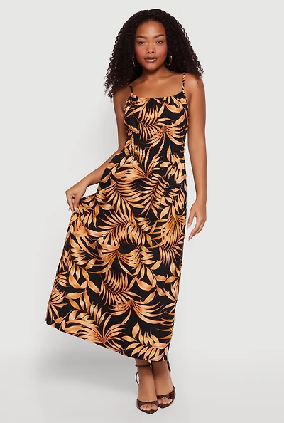 Leaf Print Smocked Waist Maxi Dress