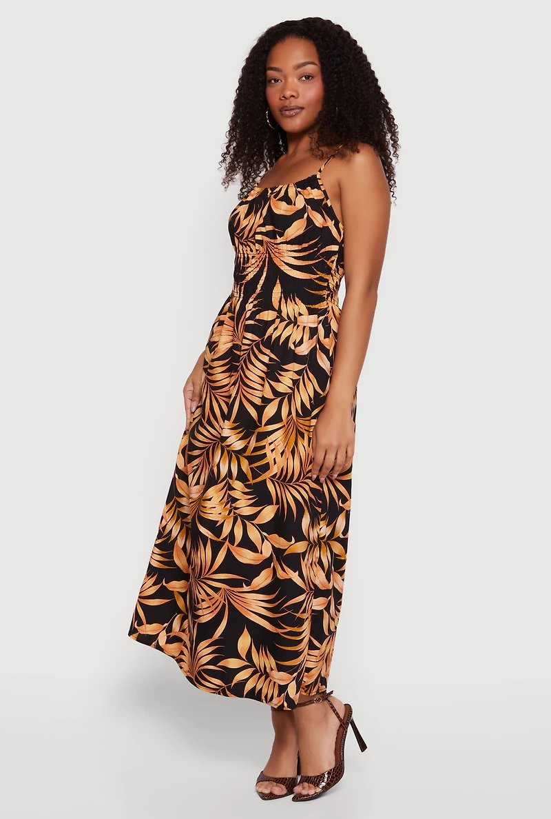 Leaf Print Smocked Waist Maxi Dress