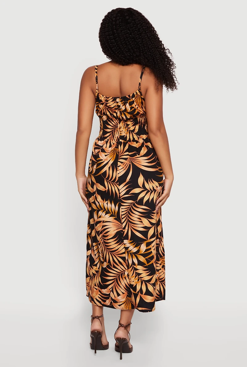 Leaf Print Smocked Waist Maxi Dress
