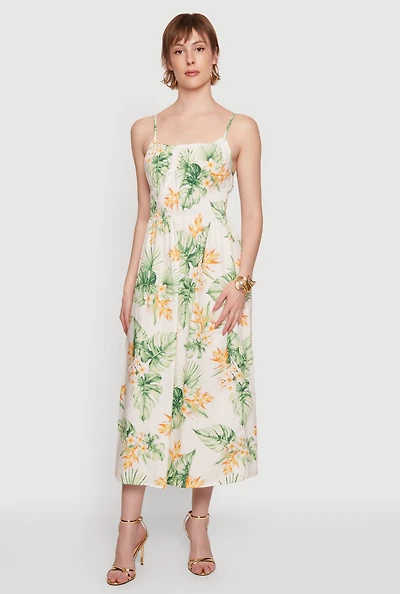 Tropical Floral Leaf Print Smocked Waist Sundress