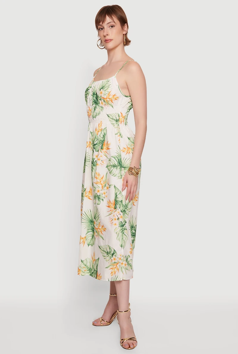 Tropical Floral Leaf Print Smocked Waist Sundress