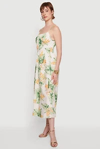 Tropical Floral Leaf Print Smocked Waist Sundress