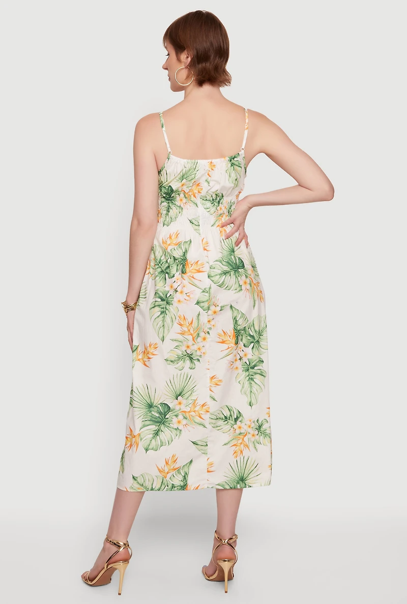 Tropical Floral Leaf Print Smocked Waist Sundress