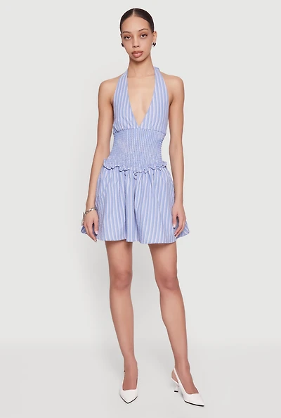 Striped Smocked Halter Mini Dress