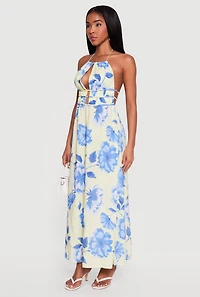 Floral Keyhole Front Open Back Halter Maxi Dress