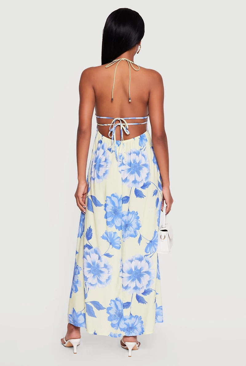 Floral Keyhole Front Open Back Halter Maxi Dress