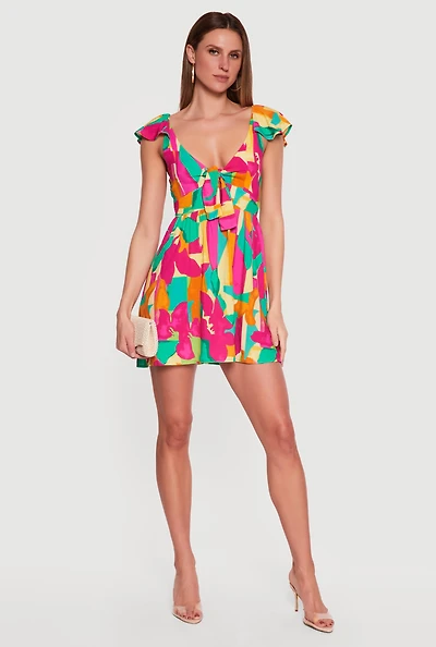 Tie Front Flutter Sleeve Mini Dress
