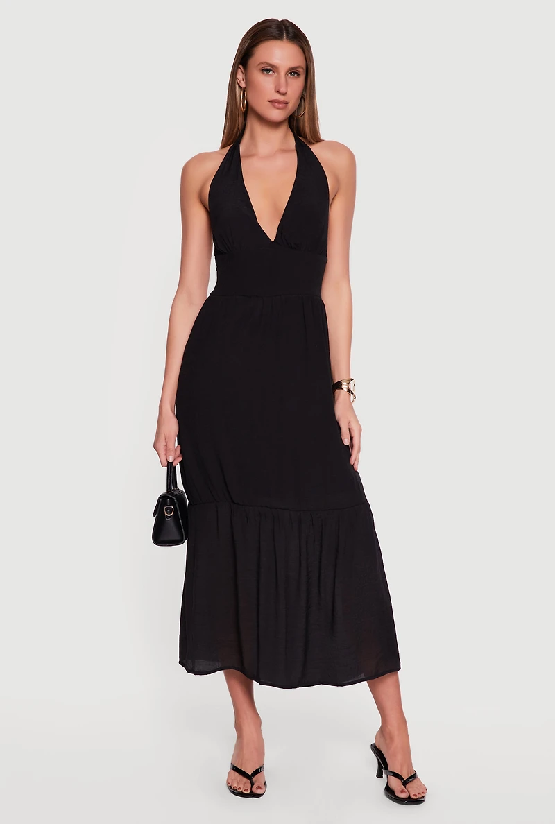Plunge Tie Back Halter Neck Tiered Maxi Dress