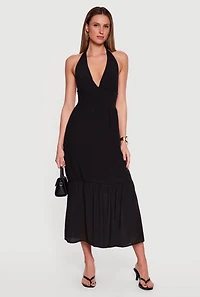 Plunge Tie Back Halter Neck Tiered Maxi Dress