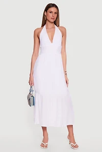 Plunge Tie Back Halter Neck Tiered Maxi Dress