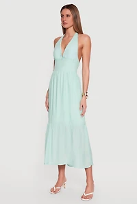 Plunge Tie Back Halter Neck Tiered Maxi Dress
