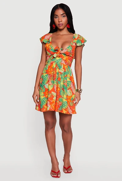 Floral Print Flutter Sleeve V Neck Mini Dress