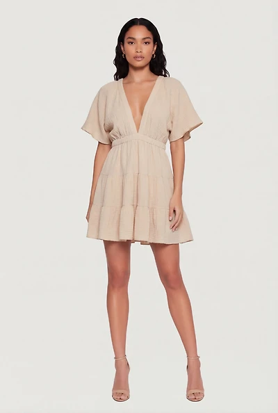 Gauze Knit Plunge Neck Tiered Mini Dress
