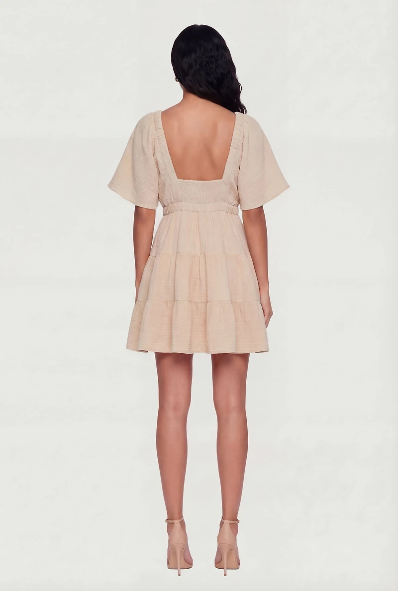 Gauze Knit Plunge Neck Tiered Mini Dress