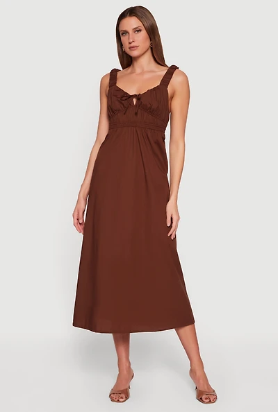 Poplin Tie Front Sleeveless Empire Waist Dress