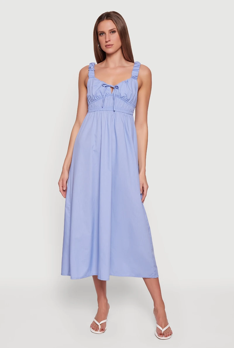 Poplin Tie Front Sleeveless Empire Waist Dress